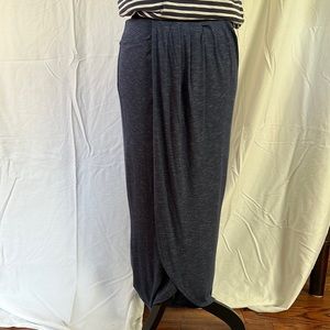 Heathered blue long skirt with cross over, gathered and draped front